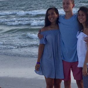 Blue/white pin striped off the shoulder sun dress